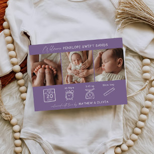 Modern Birth Announcement 3 Photos Collage Card