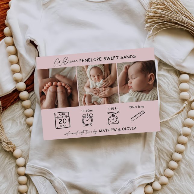 Modern Birth Announcement 3 Photos Collage Card (Creator Uploaded)