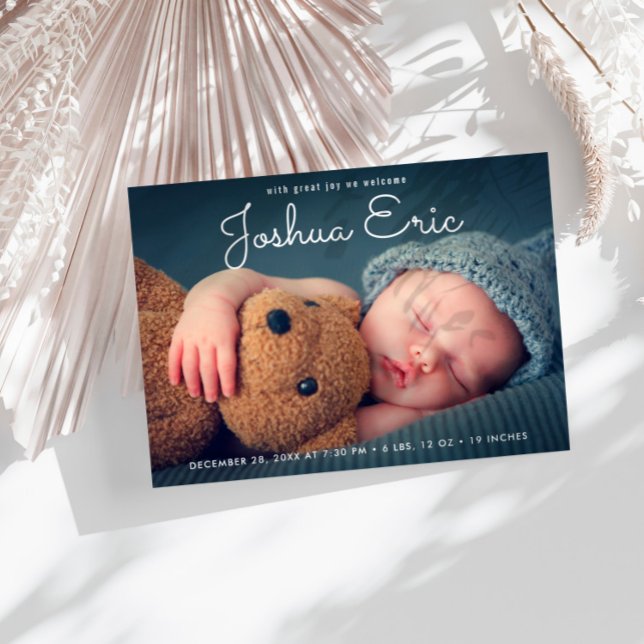 Modern birth announcement photo overlay postcard (Creator Uploaded)