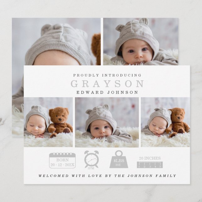 Modern Birth Announcement With Stats Icons Card (Front/Back)
