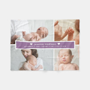 Modern Birth Stats Photo Collage Fleece Blanket