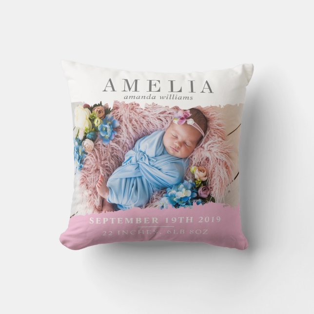 Modern Birth Stats Photo Keepsake Throw Pillow (Front)