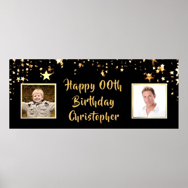 Modern Birthday ANY Age Photo Gold Stars Black Poster (Front)