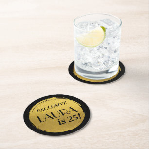 Modern Birthday Black Gold  Round Paper Coaster