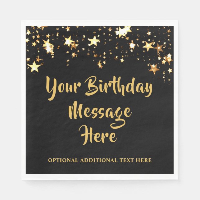 Modern Birthday Black Gold Stars Personalized Napkin (Front)