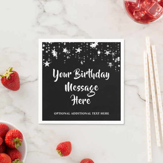 Modern Birthday Black Silver Stars Personalized Napkin (Insitu)