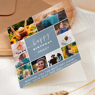 Modern birthday dusty blue 10 photo collage grid card
