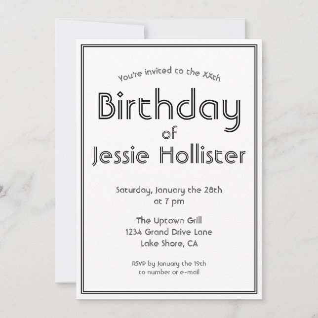 Modern Birthday Invitation ANY AGE | Black & White (Front)