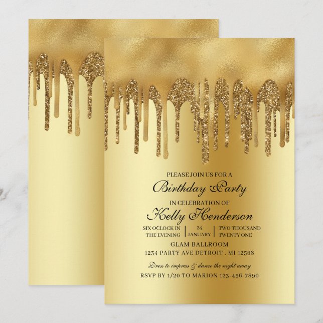 Modern Birthday Party Dripping  Gold Personalized  Invitation (Front/Back)