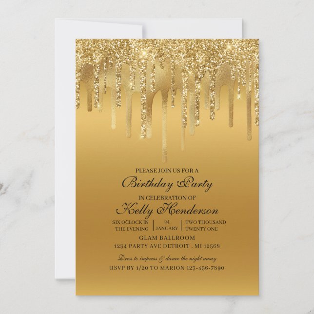 Modern Birthday Party Dripping  Gold Personalized  Invitation (Front)