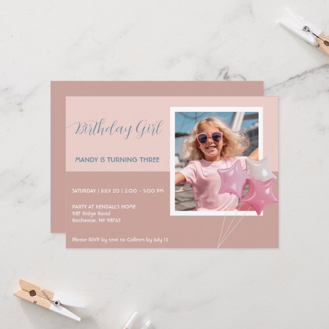 Modern Birthday Party Photo Invitation (Front/Back In Situ)