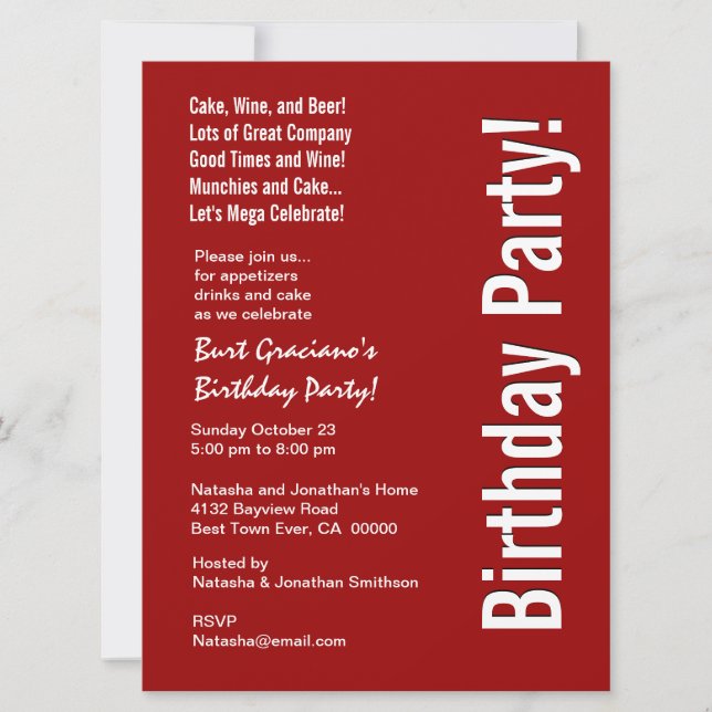 Modern Birthday Party Red and White LARGE Template (Front)