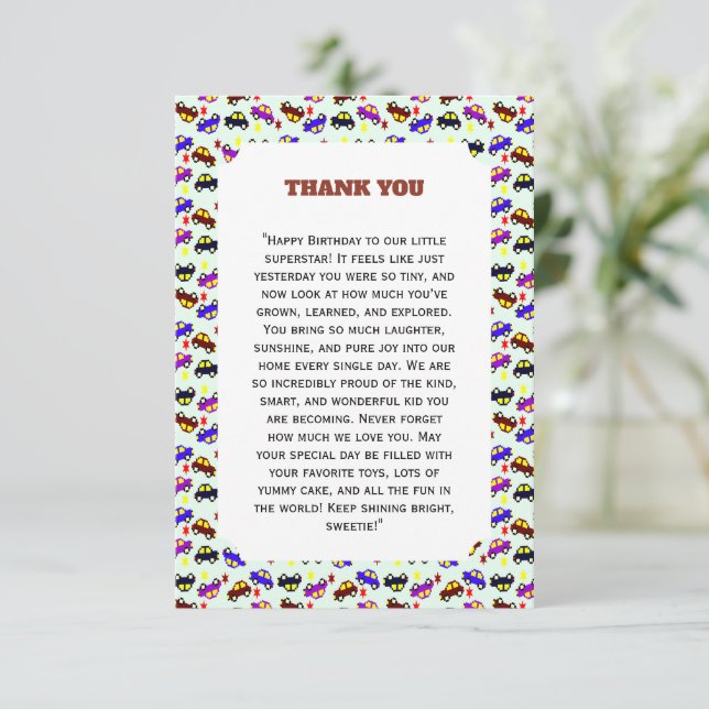 Modern Birthday Pixel Car Seamless Pattern Thank You Card (Standing Front)