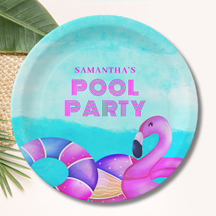 Modern Birthday Pool Party Pink Flamingo Paper Plate