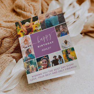 Modern birthday purple 10 photo collage grid card