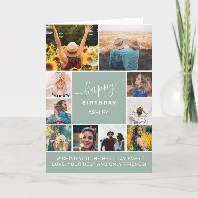 Modern birthday sage green 10 photo collage grid card (Front)