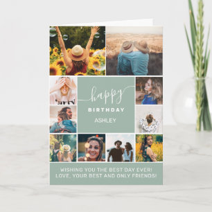Modern birthday sage green 10 photo collage grid card