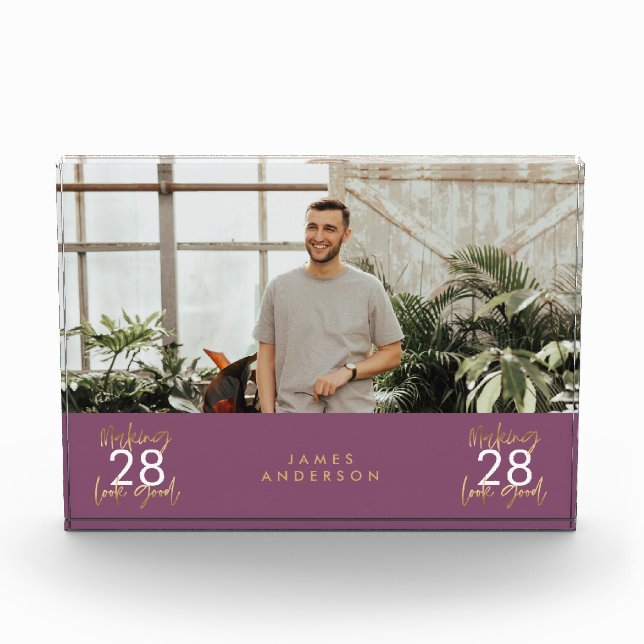 Modern birthday simple stylish elegant script phot photo block (Front)