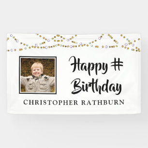 Modern Birthday String Lights Brush Script Photo Banner