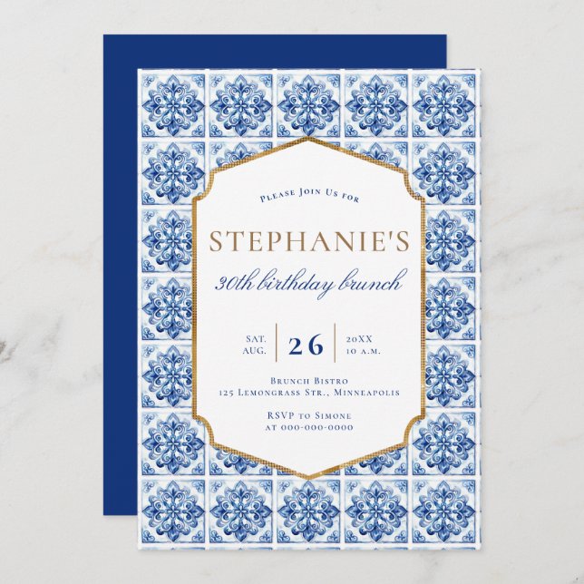 Modern Bistro Brunch Frame Blue Tile 30th Birthday Invitation (Front/Back)