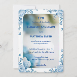Modern Biue & White Overlay Flowers wedding Invitation