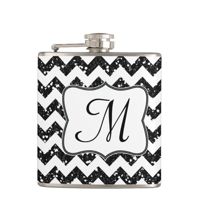 Modern Blac Glitter Chevron Monogram Whiskey Flask (Front)