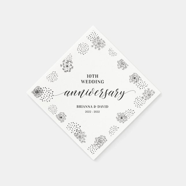 Modern Black 10th Wedding Anniversary Party Napkin (Corner)