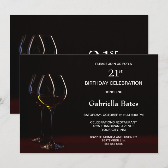 Modern Black 21st Birthday Wine Glass Party Invitation (Front/Back)