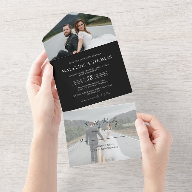 Modern Black 2 Photo RSVP Wedding All In One All In One Invitation (Tearaway)