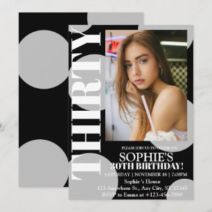 Modern Black 30th Birthday Party Photo  Invitation