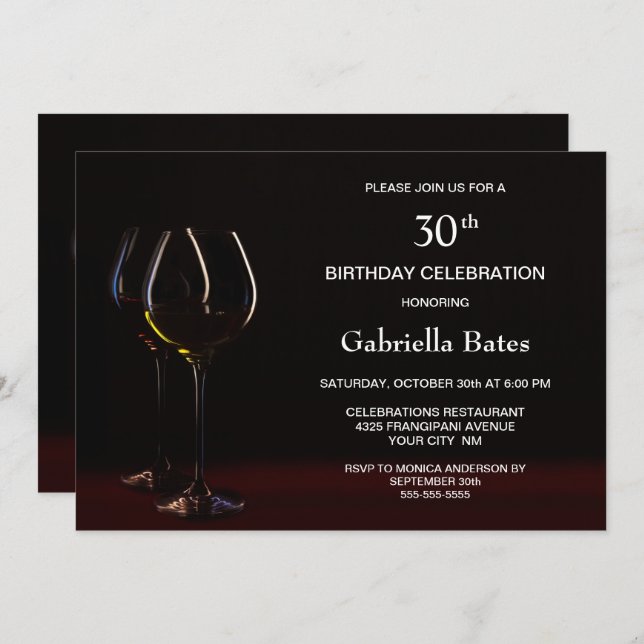 Modern Black 30th Birthday Wine Glass Party Invitation (Front/Back)