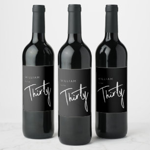 Modern Black 30th Thirty Thirtieth birthday party Wine Label