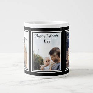 Modern Black 3 Photo Happy Father's Day Large Coffee Mug
