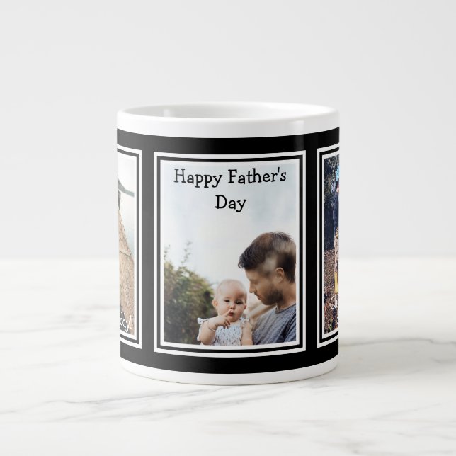 Modern Black 3 Photo Happy Father's Day Large Coffee Mug (Front)