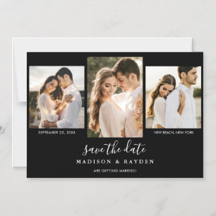 Modern Black 3 Photo Wedding Save The Date Magnetic Invitation