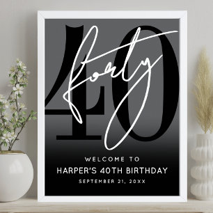 Modern Black 40th Birthday Party Welcome Sign