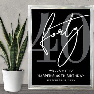 Modern Black 40th Birthday Party Welcome Sign