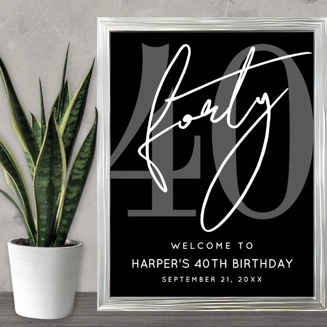Modern Black 40th Birthday Party Welcome Sign (Modern Black 40th Birthday Party Welcome Sign)