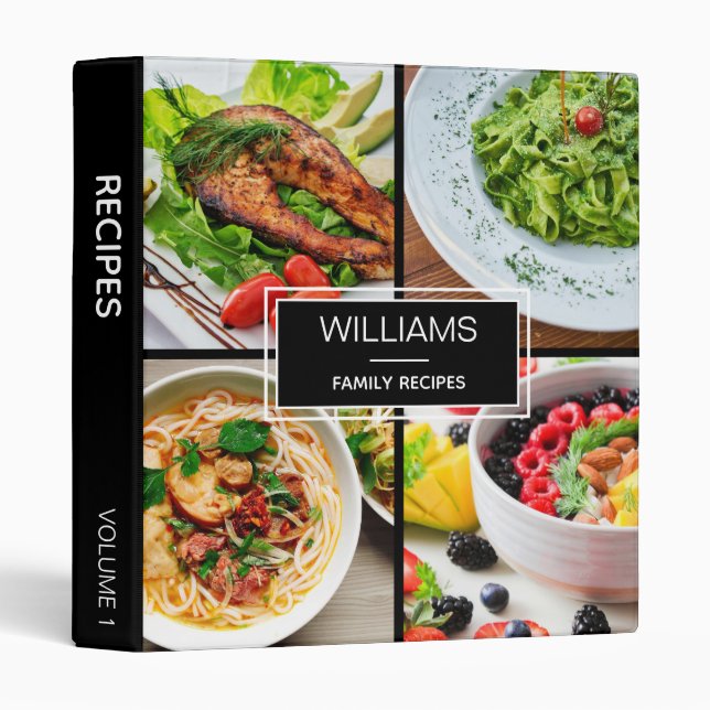 Modern Black 4 Photo Personalized Family Recipes Binder (Front/Spine)