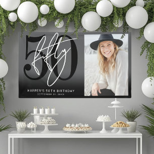 Modern Black 50th Birthday Party Banner