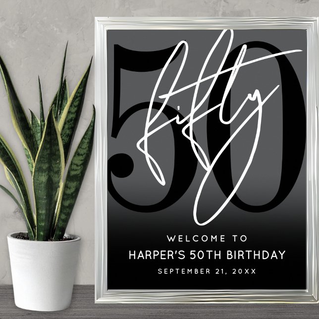 Modern Black 50th Birthday Party Welcome Sign (Modern Black 50th Birthday Party Welcome Sign)
