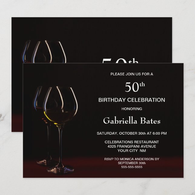 Modern Black 50th Birthday Wine Glass Party Invitation (Front/Back)