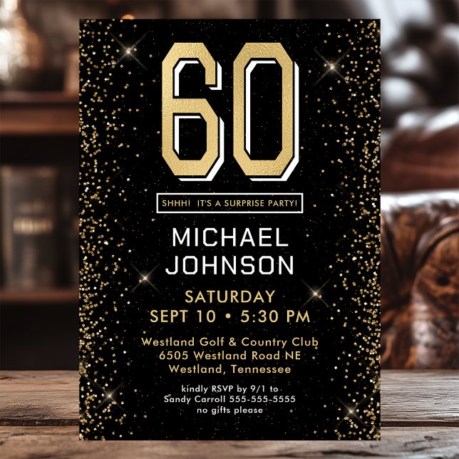 Modern Black 60th Birthday Photo Surprise Party Invitation (Creator Uploaded)