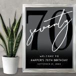 Modern Black 70th Birthday Party Welcome Sign<br><div class="desc">Modern Black and White 70th Birthday Welcome Sign. Celebrate seventy years in style with this bold and contemporary sign featuring a large black “70” with a handwritten script-style white “Seventy” at the top for a sleek, minimalist look. At the bottom, the sign reads “Welcome To [Name]’s 70th Birthday” along with...</div>