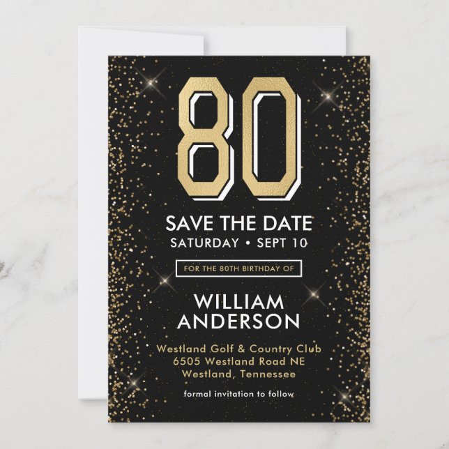Modern Black 80th Birthday  Save The Date (Front)
