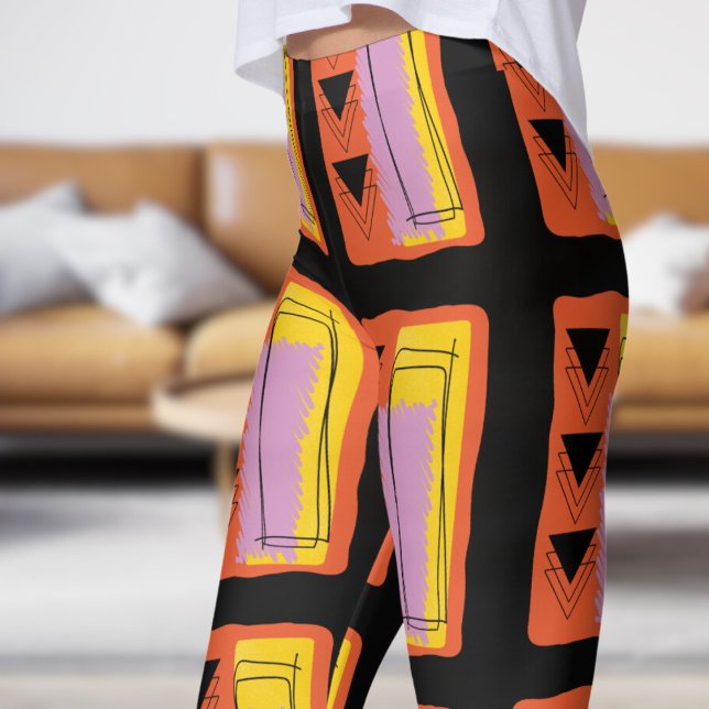 Modern Black Abstract Block Pattern Leggings (Abstract Block on Black)