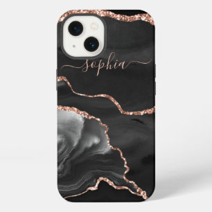Modern Black Agate and Faux Rose Gold iPhone 13 Case