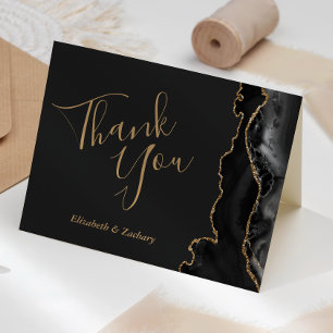 Modern Black Agate Gold Dark Wedding Thank You Card