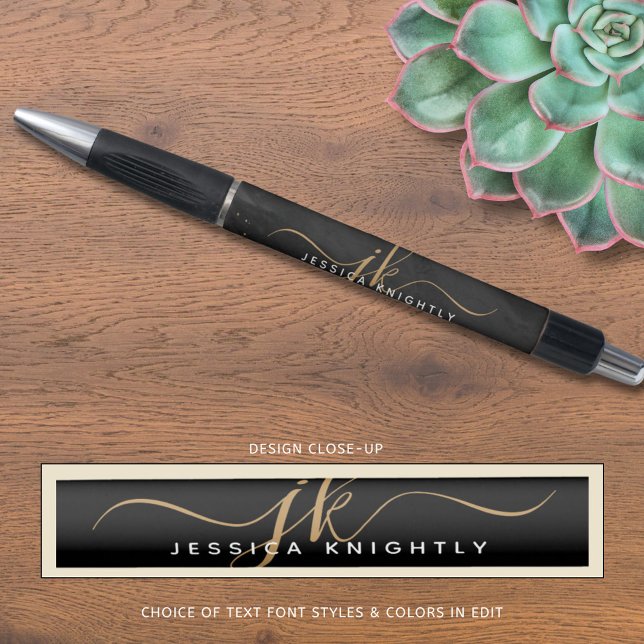 Modern Black Agate Gold Glitter Script Monogram Pen (Creator Uploaded)