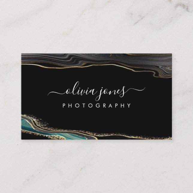 Modern Black Agate Gold Glitter Signature Script  Business Card (Front)